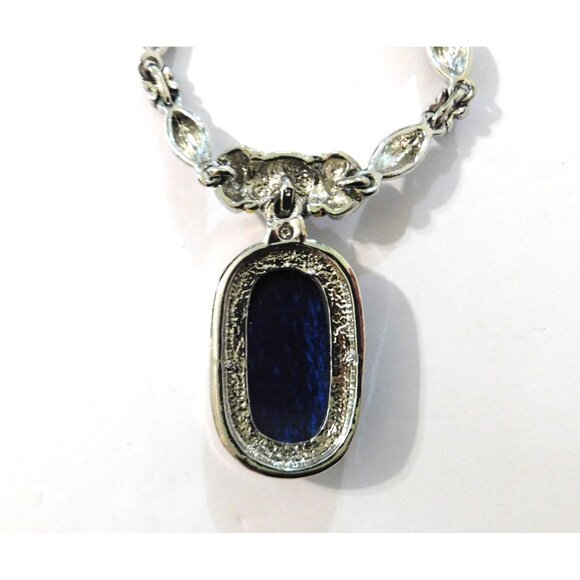 Vintage Two-Tone Necklace Blue Pendant Matching Pierced Earrings Set - Picture 6 of 11